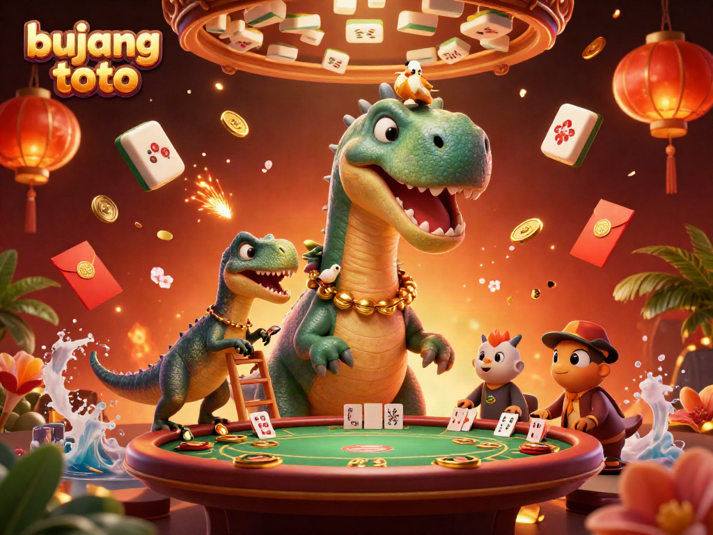 Engage with bujang toto as a brontosaurus captivatingly towers over a vibrant poker scene.