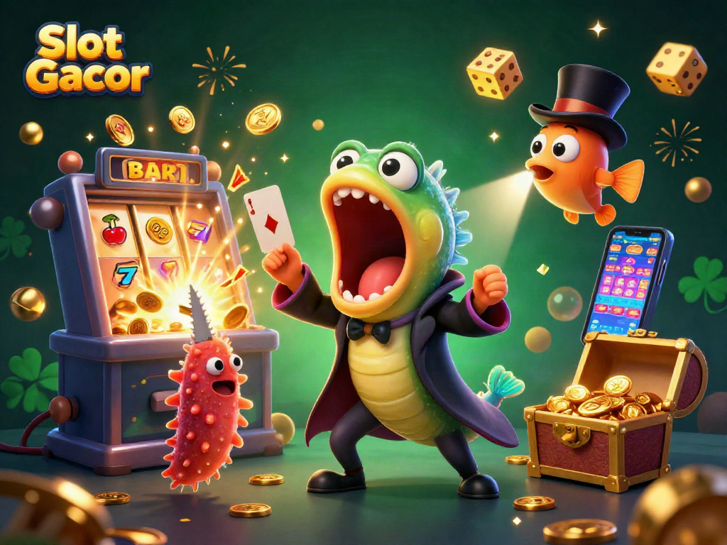 Experience Slot Gacor excitement with a vibrant, action-packed casino scene illustration.