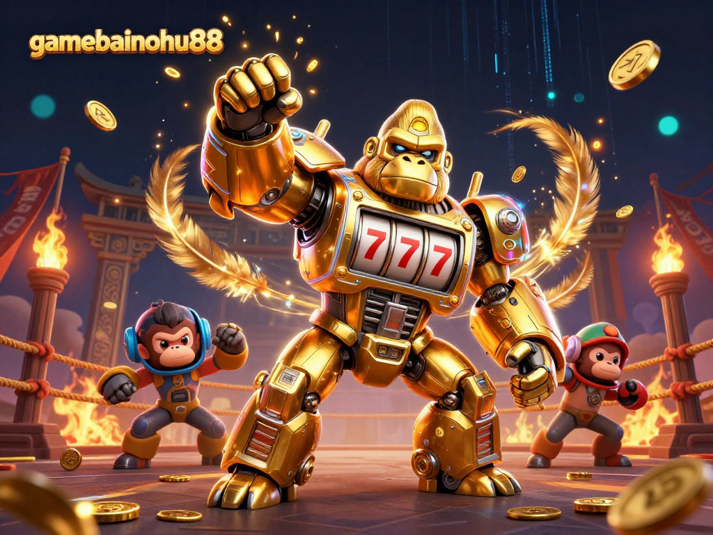 Join the adventure in gamebainohu88 with a golden gorilla mech exploring vivid casino elements and treasures.