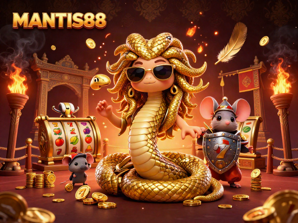 Experience MANTIS88 thrilling slots action with vibrant characters and dynamic casino elements.