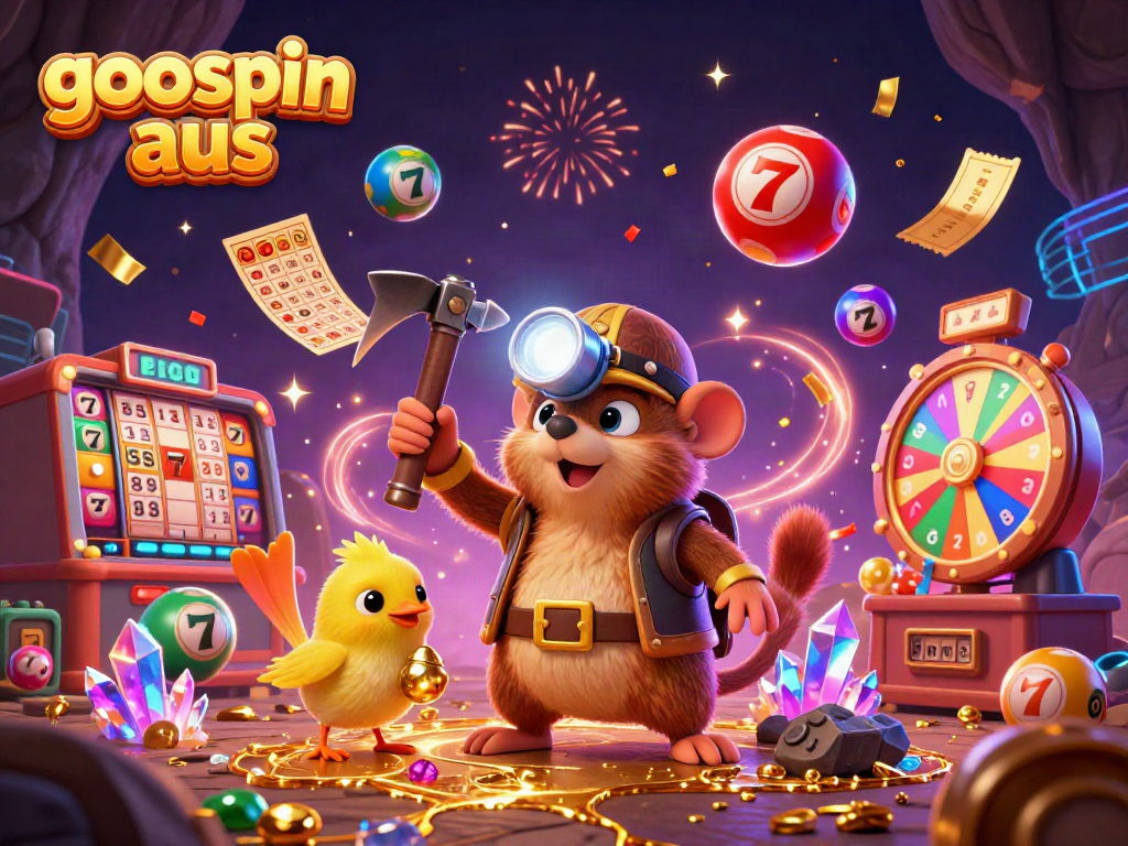 Experience the excitement of goospin aus with vibrant scenes featuring a treasure hunter mole and casino-themed imagery.