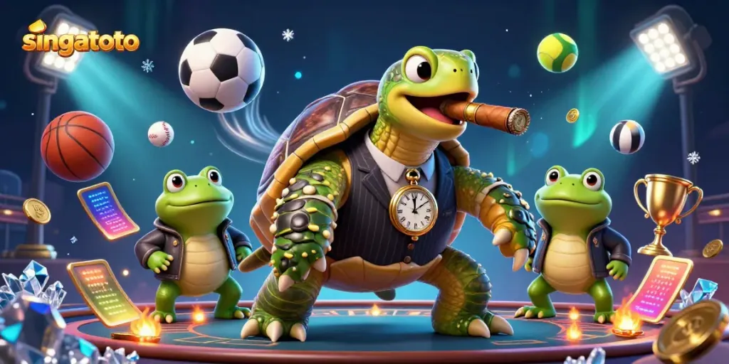 Experience the action with singatoto as a turtle mobster with enforcers amidst flying sports balls and casino lights.