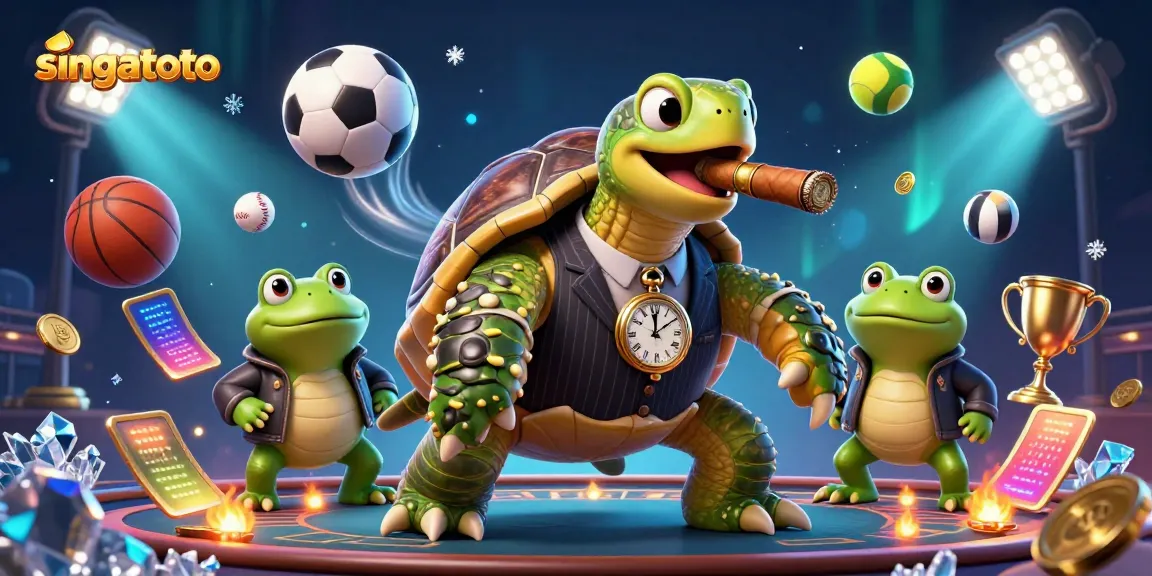 Experience the action with singatoto as a turtle mobster with enforcers amidst flying sports balls and casino lights.
