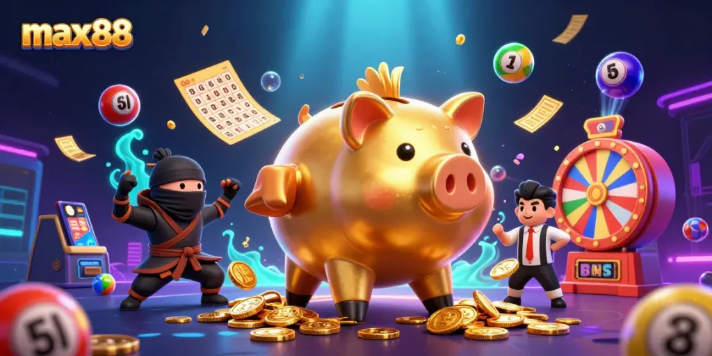 Max88 features an energetic sumo wrestler piggy bank and ninja battling for golden coins in a vibrant gaming environment.