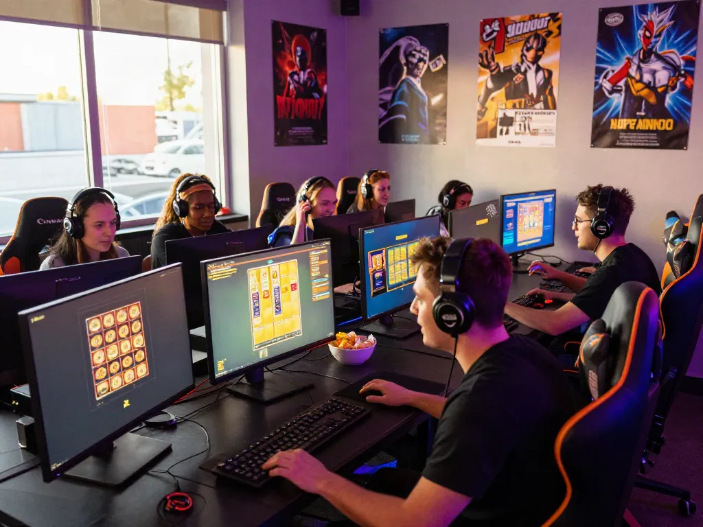 A group of friends enjoying akunjp online slot gaming in a vibrant urban lounge.