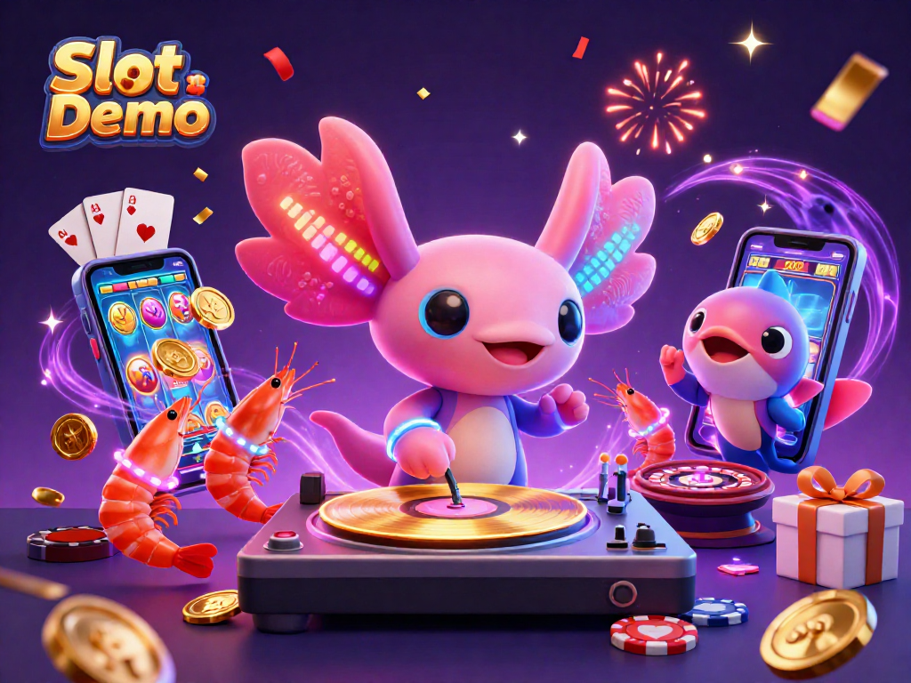 Experience the vibrant action of Slot Demo through this lively 3D illustration featuring colorful characters and casino elements.