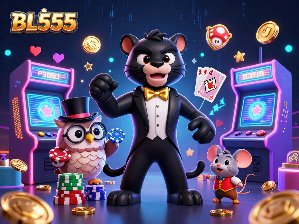 Join the fun at BL555 as the panther elegantly deals cards with poker chips, surrounded by vibrant gaming action.