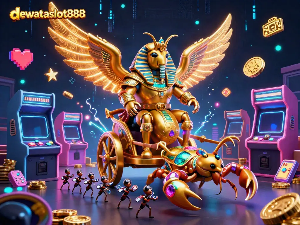 Permainan seru di dewataslot888 menunjukkan scarab emas besar dengan paduan elemen kasino dan arcade.