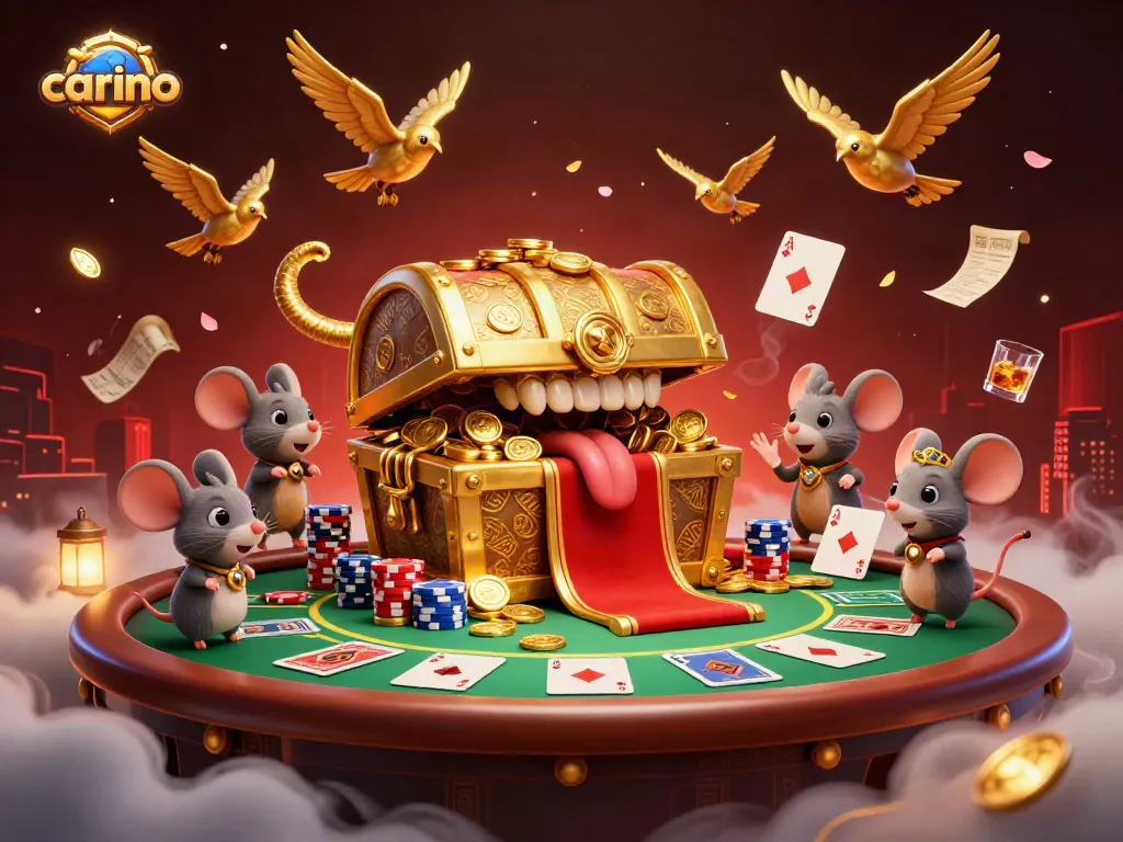 Engaging visual of Carino-themed casino scene with vibrant poker elements and charming characters.