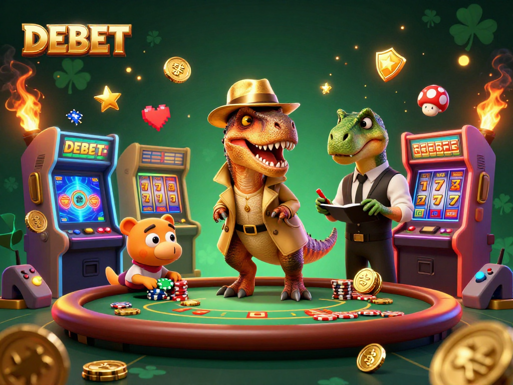 Engage with DEBET at a vibrant casino scene featuring animated dinosaurs betting.