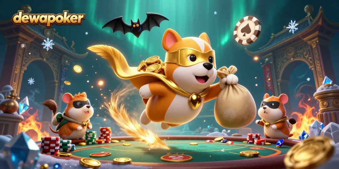 Dewapoker's superhero dog character flying with coins, surrounded by poker elements and dynamic effects.