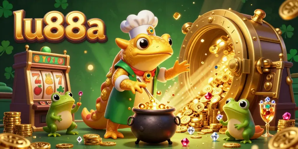 Experience thrilling games at lu88a with 3D casino characters celebrating wins, gold coins and jewels.