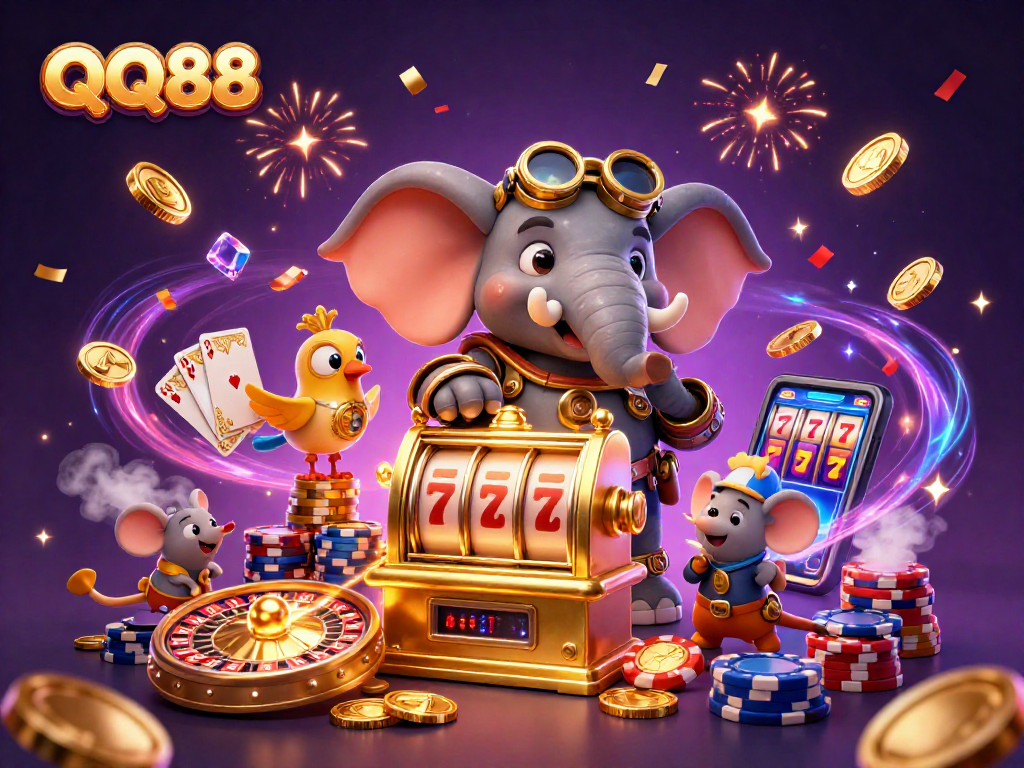 Experience thrilling action with QQ88's golden slot machine and vibrant casino elements.