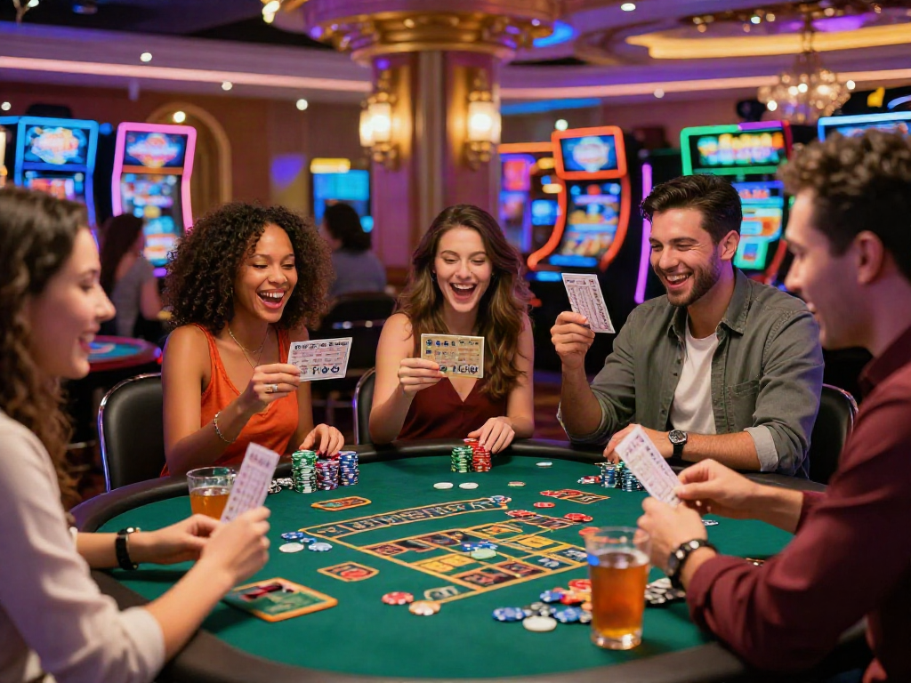 Group enjoying a thrilling game of harga toto in a vibrant casino setting.