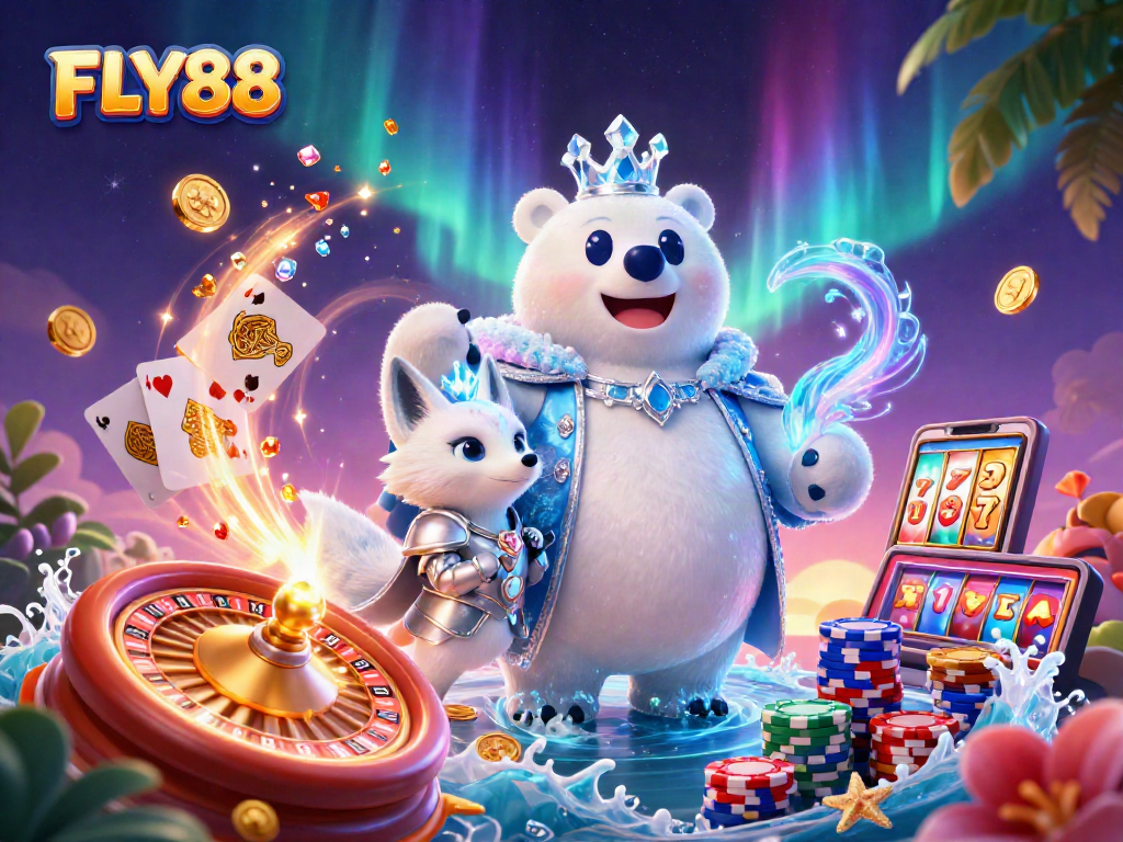 Experience thrilling gameplay with FLY88 as an ice king polar bear and fox win big in a vibrant casino.
