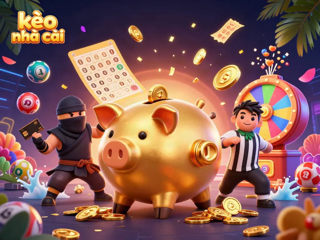 Watch kèo nhà cái in action with animated characters, lottery balls, and vibrant casino elements.