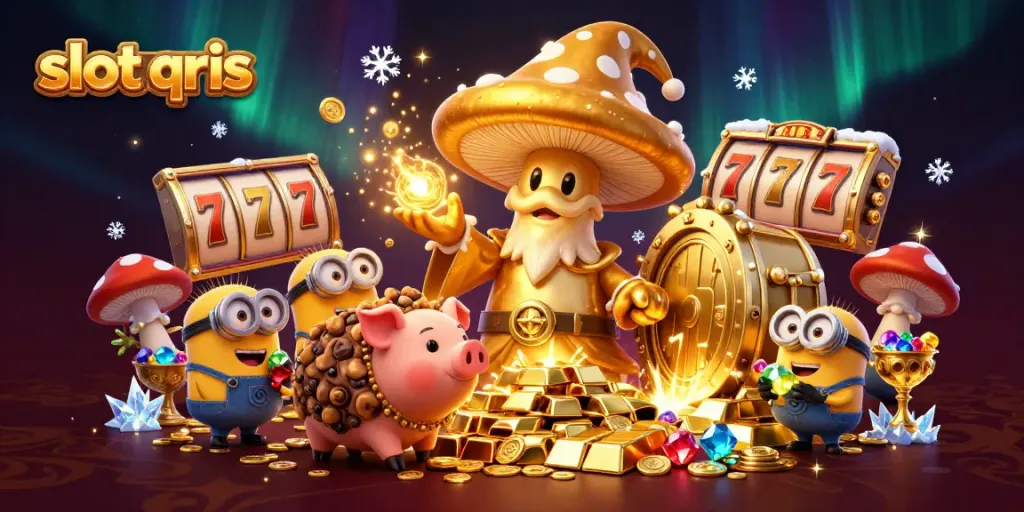 Experience thrilling slot qris action with magical treasures, wizards, and gold in this immersive illustration.