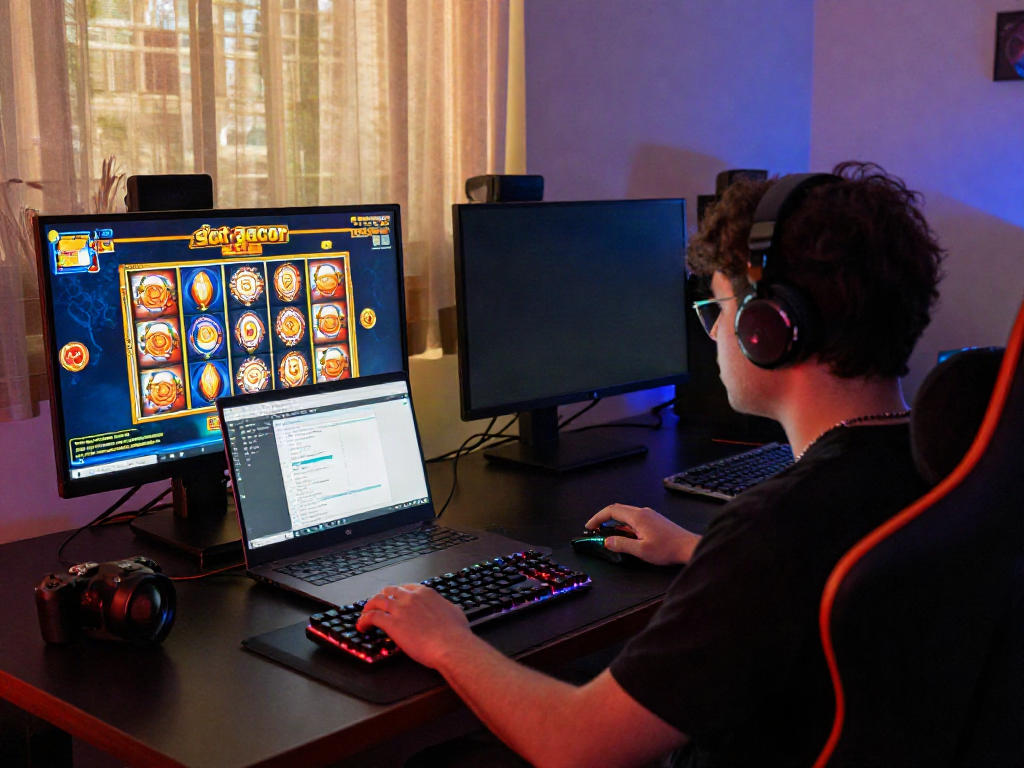 Engaging gaming setup showcasing 'slot gacor' gameplay with RGB lighting, high-resolution monitor, and gaming accessories.