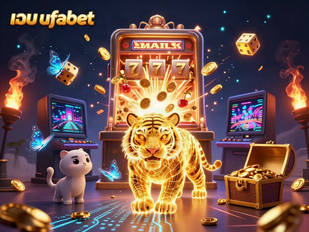 Experience the thrill of เว็บ ufabet with a vibrant 3D casino scene featuring a golden tiger amidst jackpots and neon lights.
