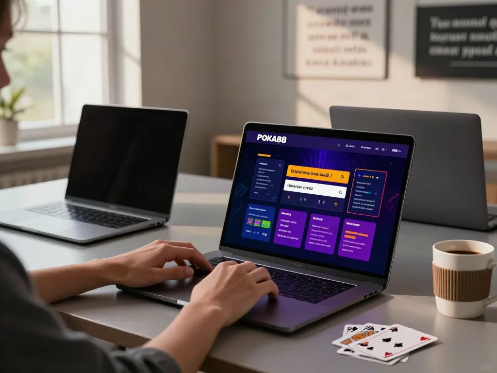 Engaging user experience with POKA88 online betting displayed on a laptop, vibrant gaming atmosphere.