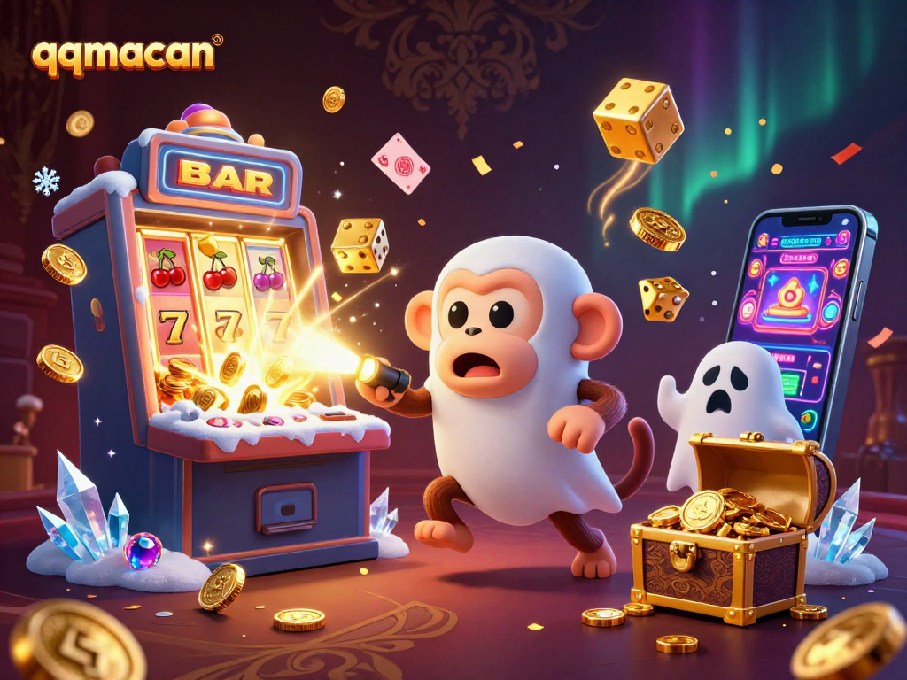 qqmacan showcases a haunted casino scene with a playful poltergeist monkey and a curious puppy.