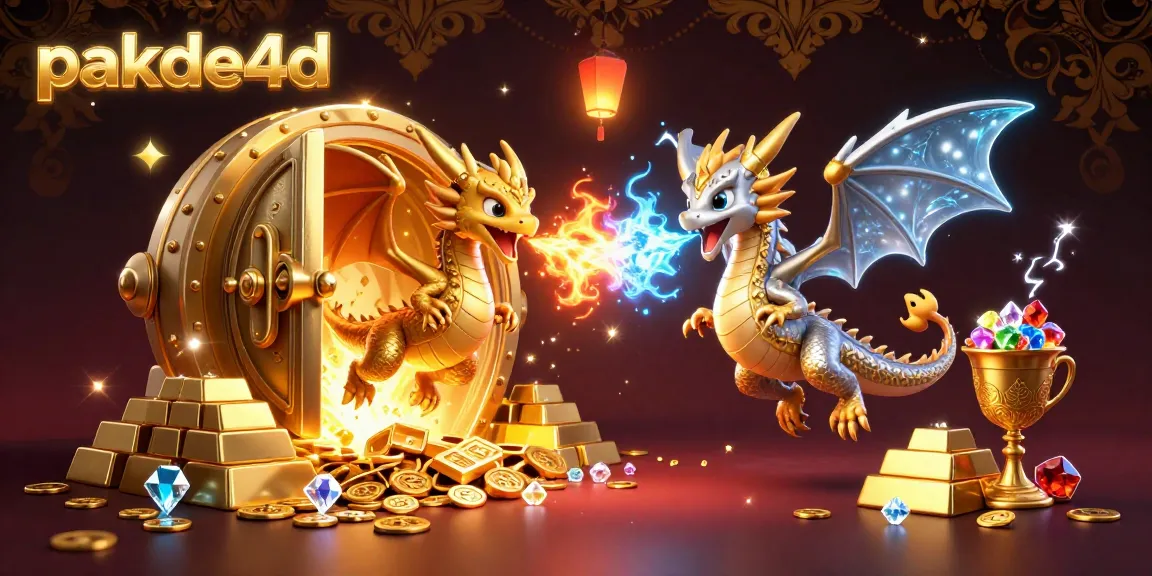 Engage with pakde4d in dynamic 3D illustration featuring gold and silver dragons, treasure, and vibrant gambling elements.