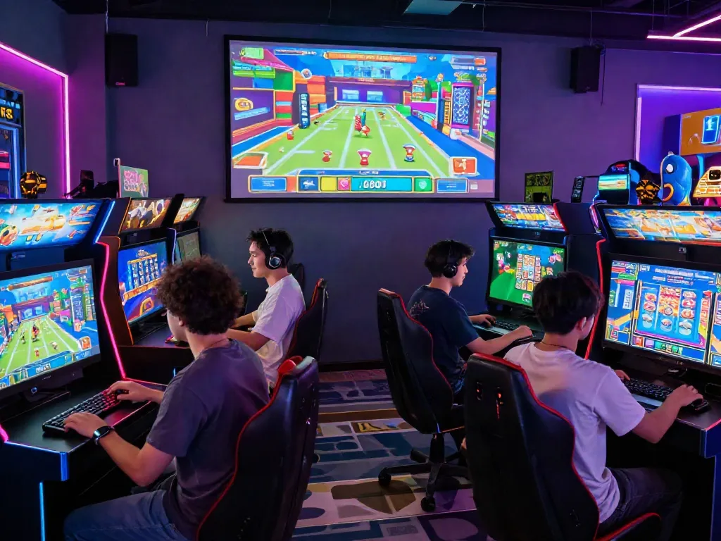 Players enjoying yono arcade games in a vibrant, modern gaming lounge.