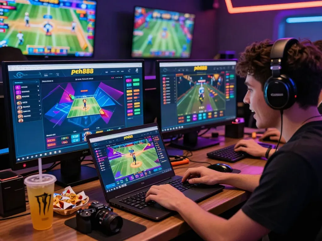 Gamer engaging with the peh888 betting platform, highlighting an energetic online gaming atmosphere.