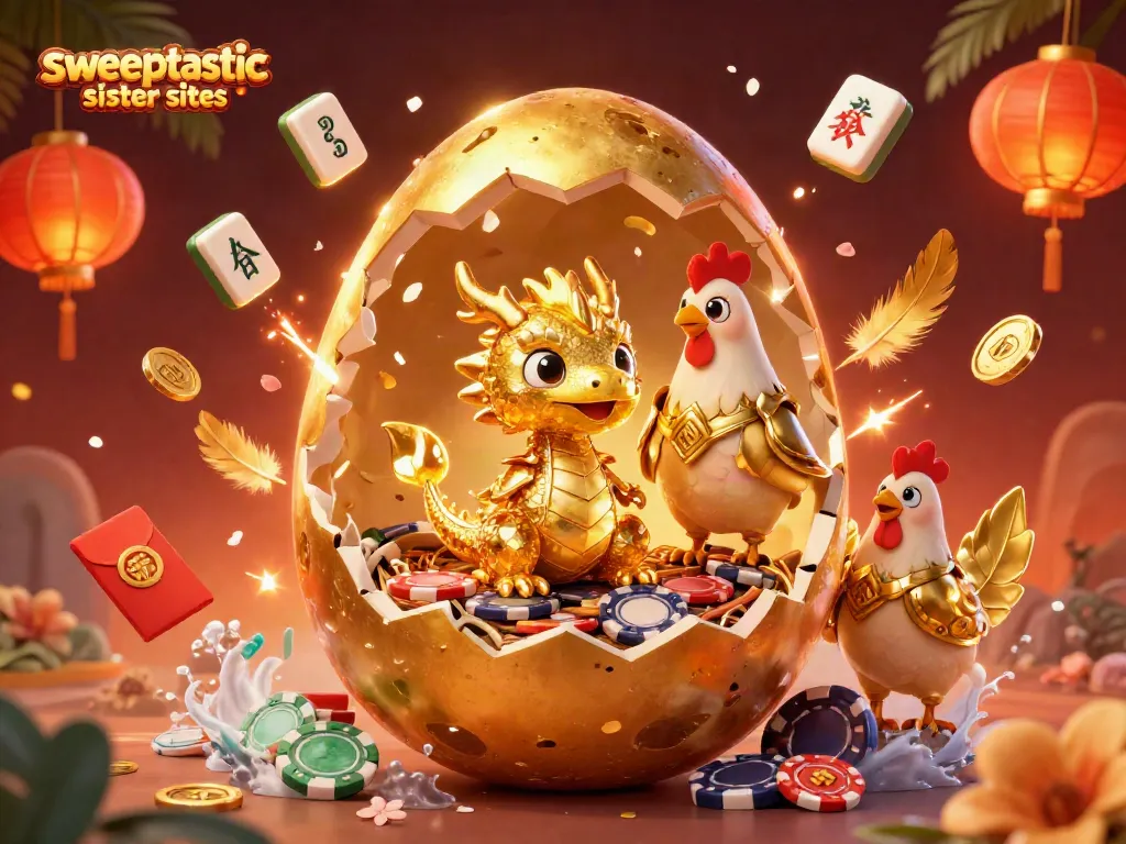 Sweeptastic sister sites illustration featuring golden dragon and poker chips in a vibrant casino atmosphere.