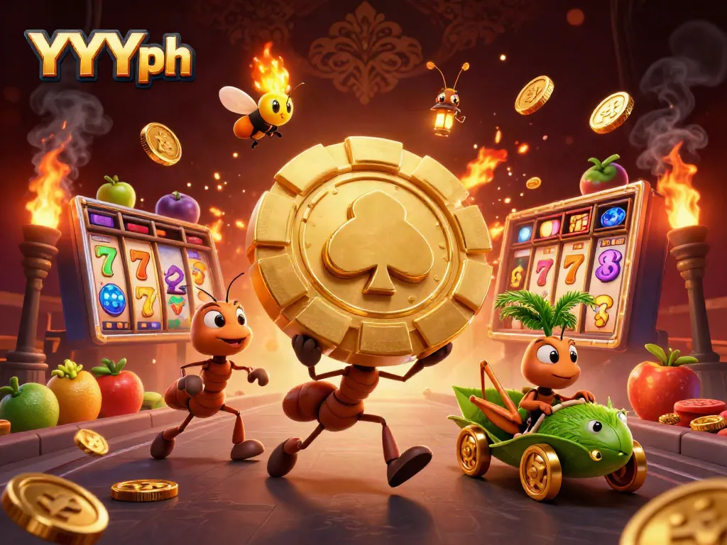Cartoon ants in a heist with a poker chip set in a vivid casino-themed 3D scene encompassing YYYph.