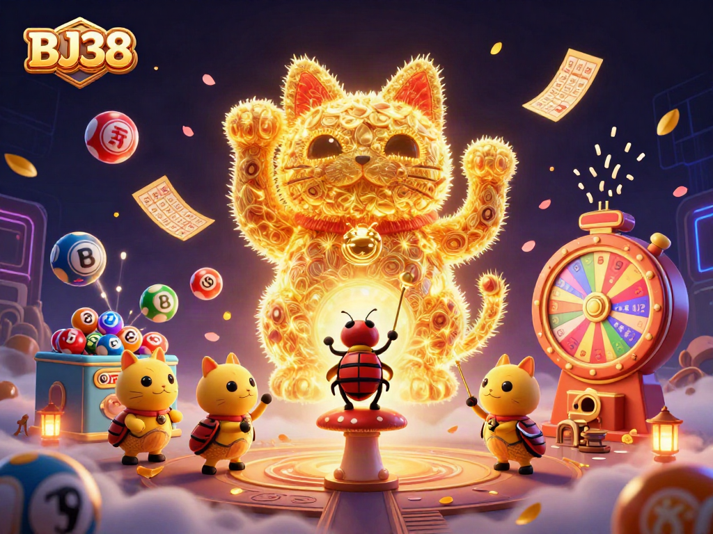 Immerse yourself in the world of BJ38, with a lively giant lucky cat and dynamic casino elements dazzling gamblers.