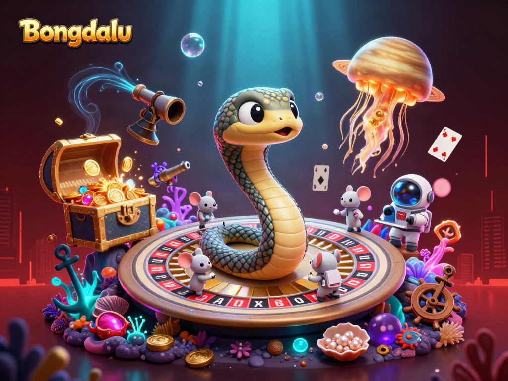 Bongdalu illustrates cosmic sports betting with cartoon characters coiled around a roulette wheel, highlighting underwater treasures.
