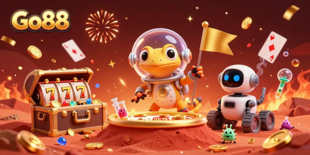 Go88 showcases the excitement of online gaming with a vibrant Martian casino discovery scene.