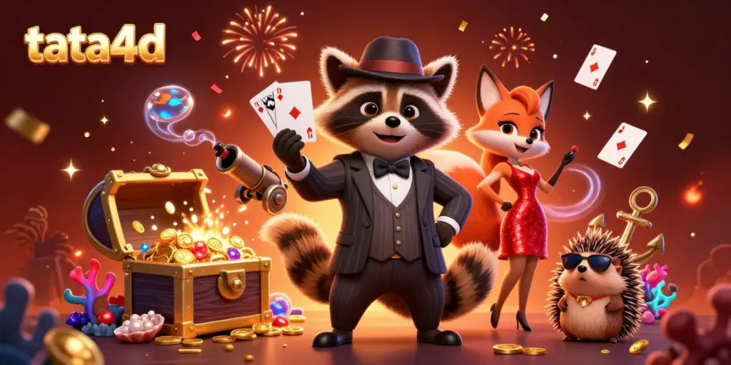 Experience fast-paced gaming at tata4d with a suave raccoon and elegant fox amidst celebratory casino elements.