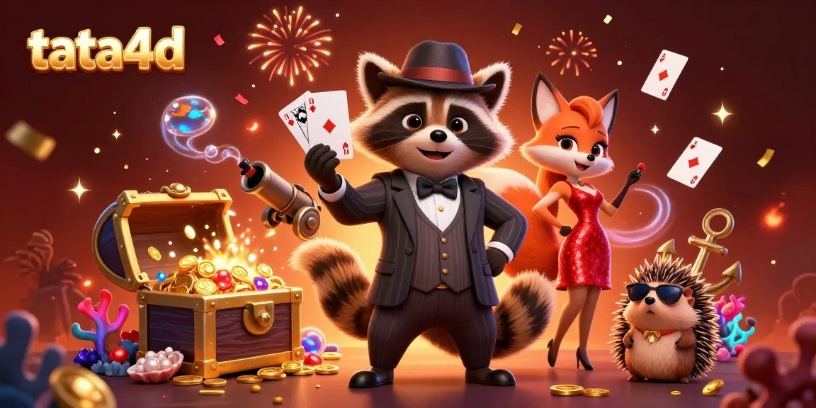 Experience fast-paced gaming at tata4d with a suave raccoon and elegant fox amidst celebratory casino elements.
