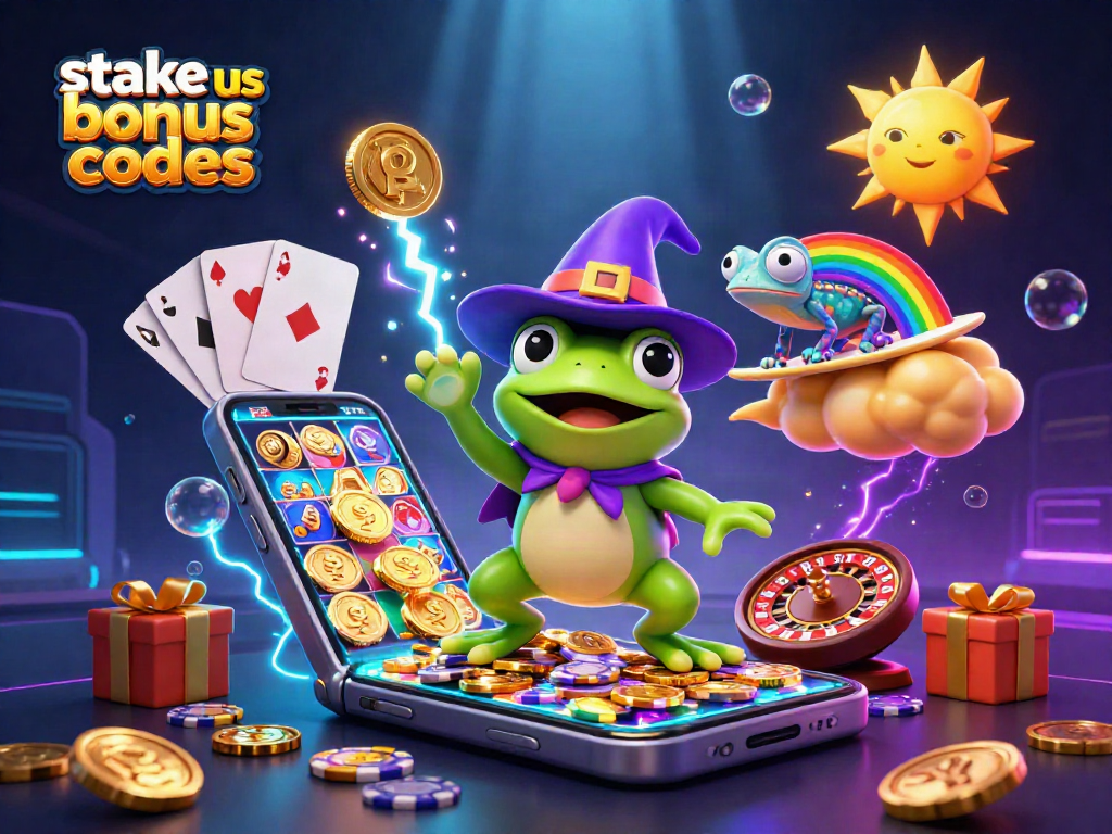 Win with stake us bonus codes as a cartoon wizard frog creates a gold coin storm.