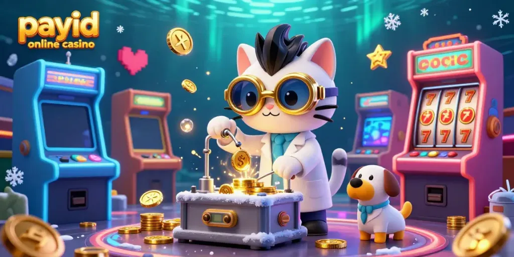 Experience the thrill of payid online casino gaming with a mad scientist cat and dog in a colorful 3D casino.