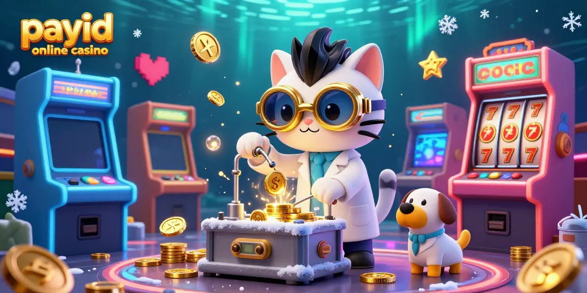 Experience the thrill of payid online casino gaming with a mad scientist cat and dog in a colorful 3D casino.