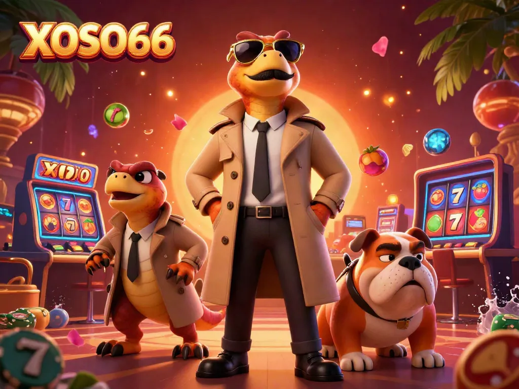 XOSO66 raptors in a trench coat entering a casino filled with vibrant slot symbols and a friendly bouncer.
