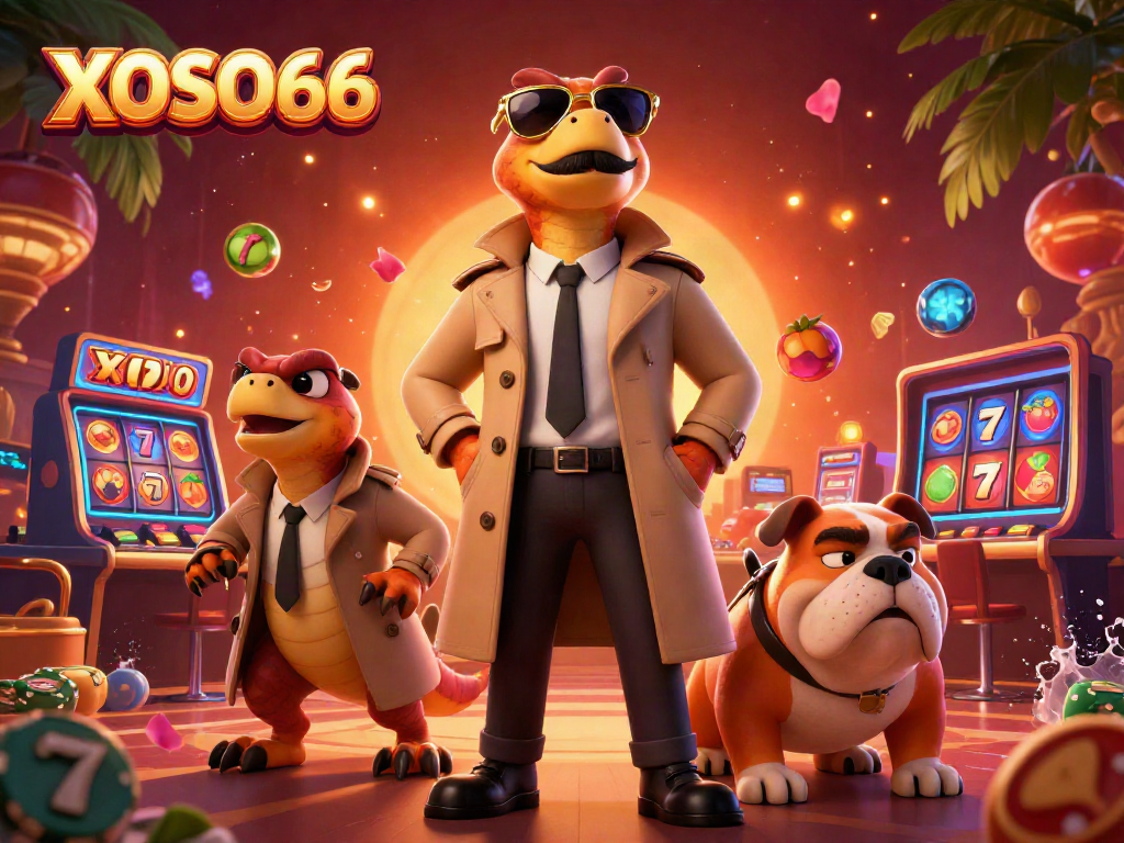 XOSO66 raptors in a trench coat entering a casino filled with vibrant slot symbols and a friendly bouncer.