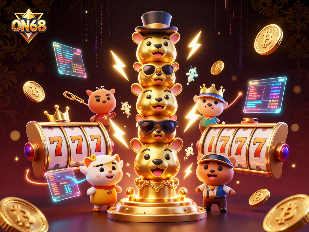 Experience thrilling gaming at ON68 with a vibrant, animated 3D casino scene featuring slot reels and dynamic characters.