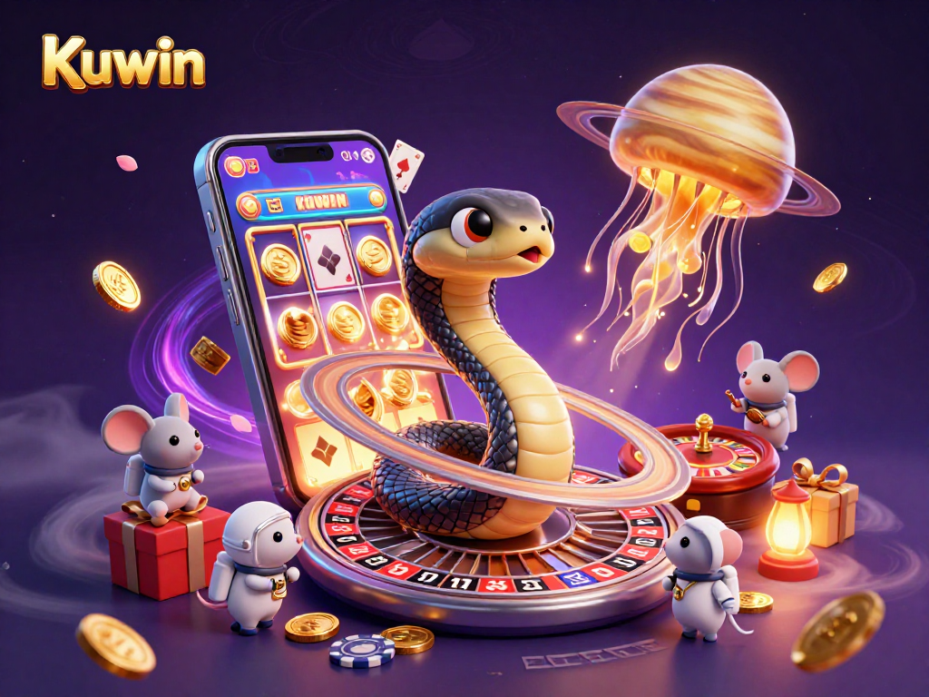 Kuwin's vibrant casino scene features a Saturn ring snake and astronaut mice amid dynamic gaming action.