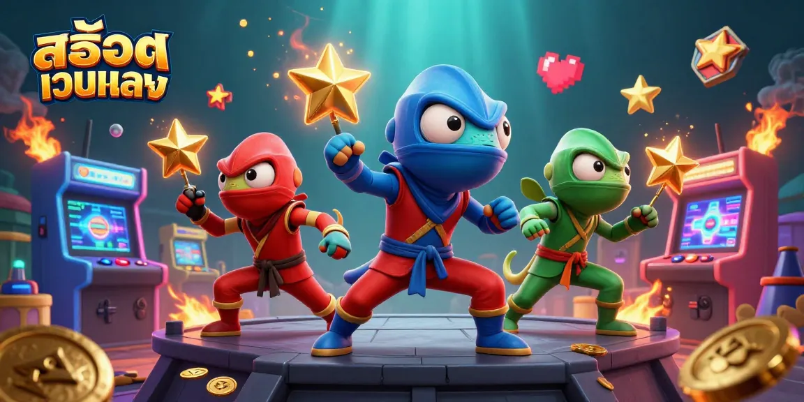 Play dynamic สล็อตเว็บตรง games with a vibrant 3D illustration showcasing colorful characters in action.
