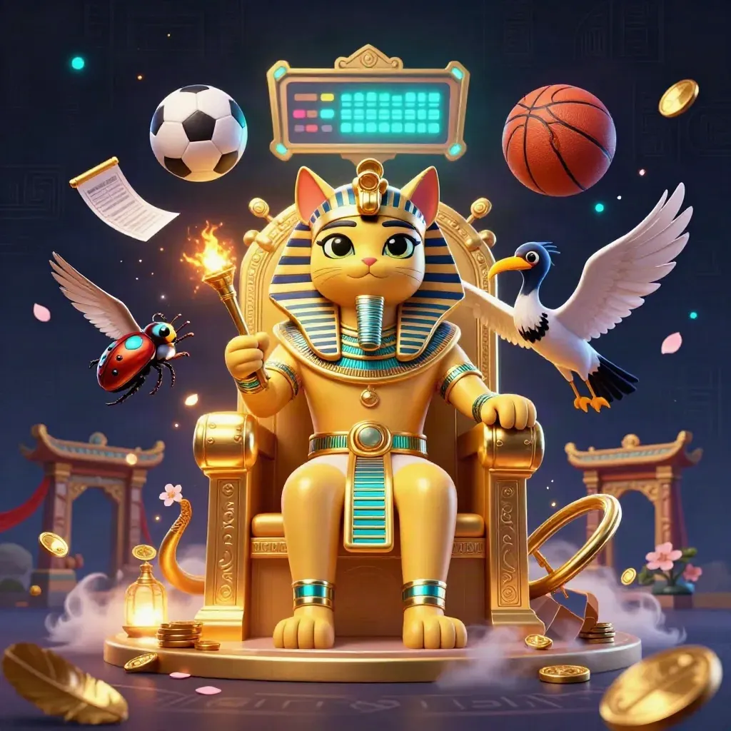 Pharaoh cat, ibis scribe and gem-wing scarabs amid casino-sport effects and floating balls