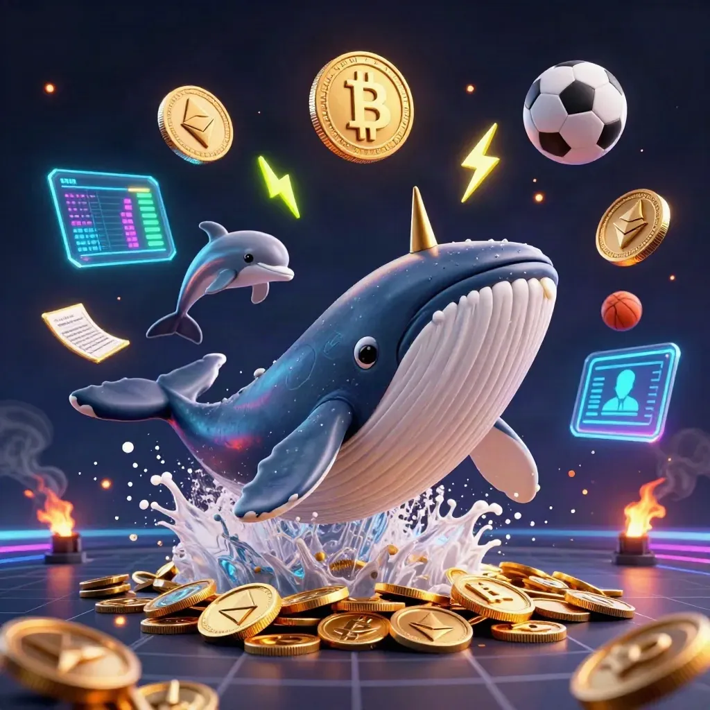 Whale captain, narwhal, and dolphins burst through coins with neon crypto effects