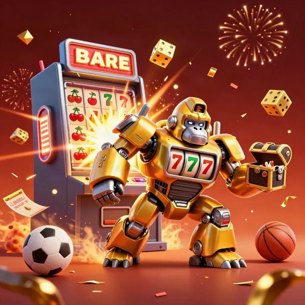 Golden gorilla slot-mech with monkey pilot, exploding casino symbols, balls, embers, and dramatic neon glow.