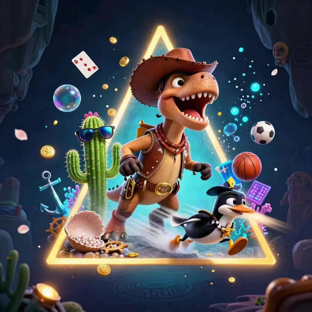 Cowboy T-Rex, cactus sidekick and sheriff roadrunner in a neon treasure cove explosion