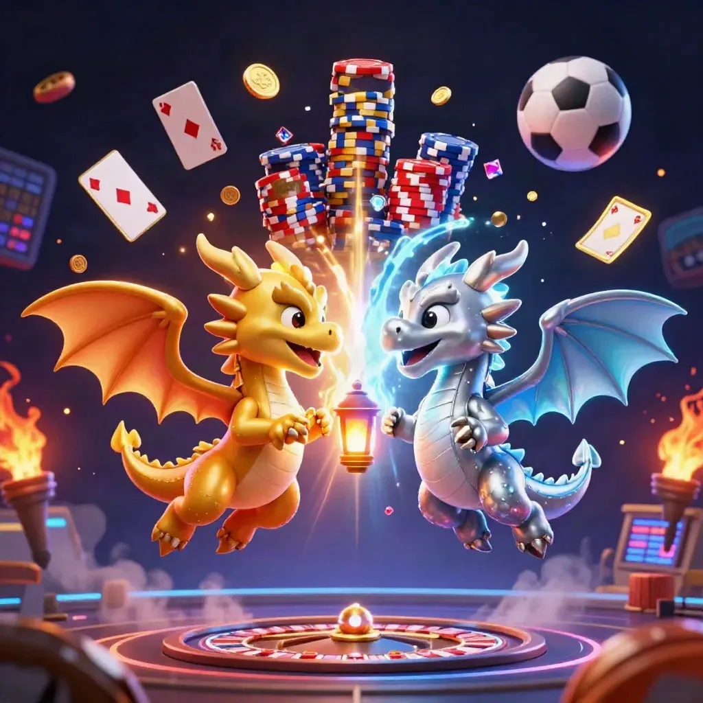Gold and silver dragons burst through neon casino lights with coins, cards, chips, and sports balls.