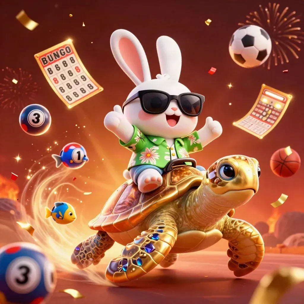 Lucky rabbit on gem-shell turtle amid casino props, sparks, fireworks, and glowing sports icons.