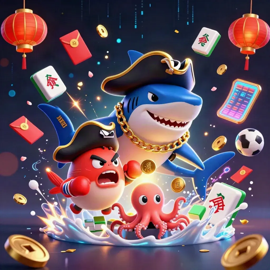 Pirate shark, red pufferfish, and coin-juggling baby octopus amid neon casino effects.